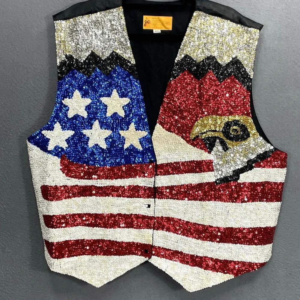 Vtg 4XL JC‎ UNISEX American Flag Eagle Fully Sequined Vest Patriotic Glam Rodeo